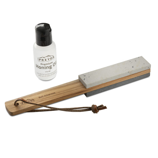 RH Preyda Axe Sharpening Stone Combination Wood Paddle - Soft Arkansas/Hard Black Arkansas - 4" x "1 x 1/4"