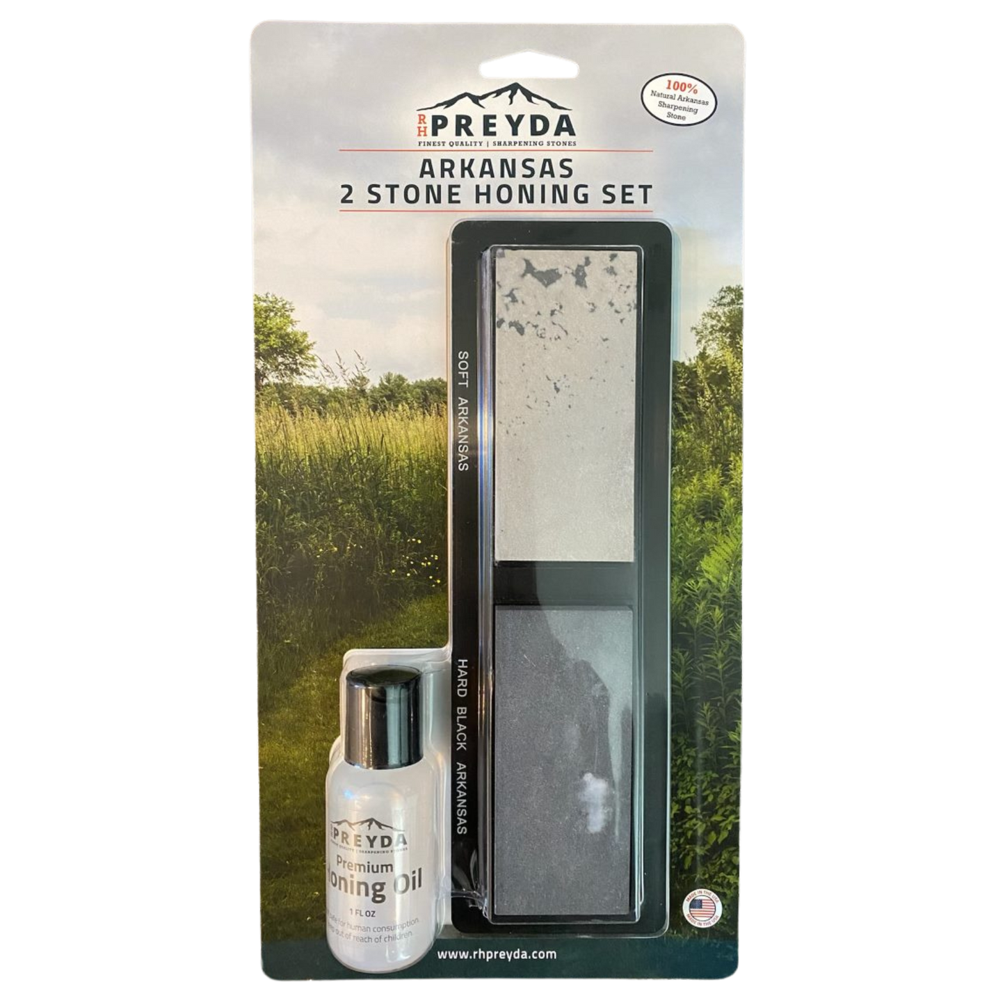 RH Preyda Sportsman 2 Stone Honing Set PVC Base - Soft Arkansas/Hard Black Arkansas - 3 1/2" x 1 5/8" x 1/2"